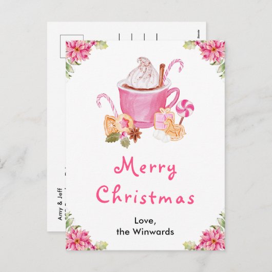 ホリデークッキーとココアピンクメリークリスマス シーズンポストカード (正面/裏面)