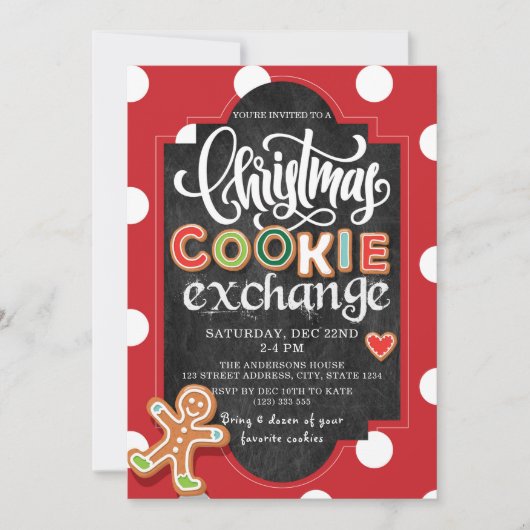 ホリデークッキーエクスチェンジパーティーレッド水玉模様 招待状 (正面)