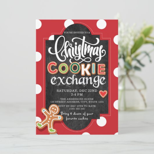 ホリデークッキーエクスチェンジパーティーレッド水玉模様 招待状 (スタンド正面)