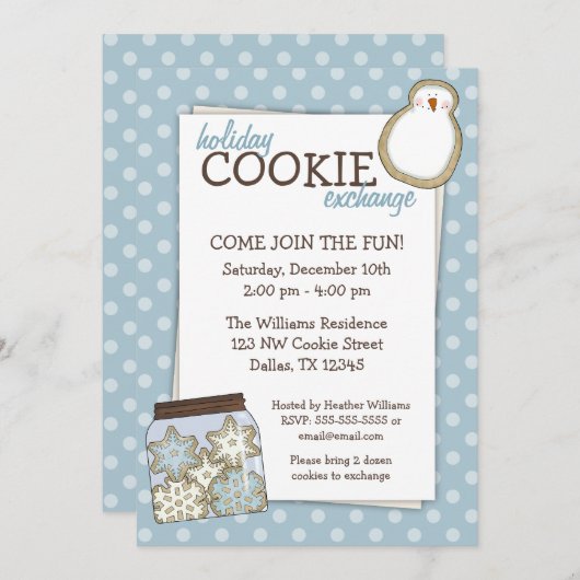 ホリデークッキーエクスチェンジブルー水玉模様招待状 招待状 (正面/裏面)