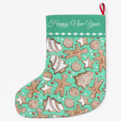ホリデークッキーパターンティール（緑がかった色） ラージクリスマスストッキング (裏面)