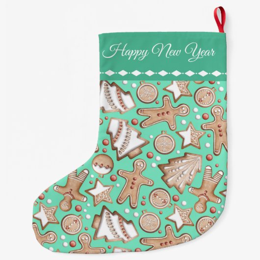 ホリデークッキーパターンティール(緑がかった色) ラージクリスマスストッキング (裏面)