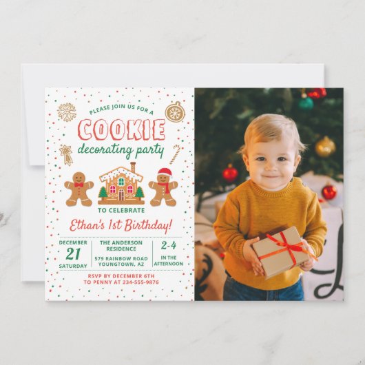 ホリデークッキー飾のパーティー誕生日写真 招待状 (正面)