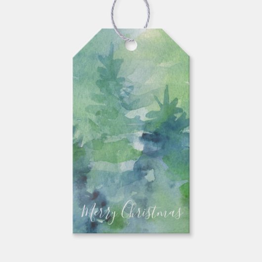 ホリデークリスマスウォーターカラー抽象芸術パインツリーズ ギフトタグ (正面)