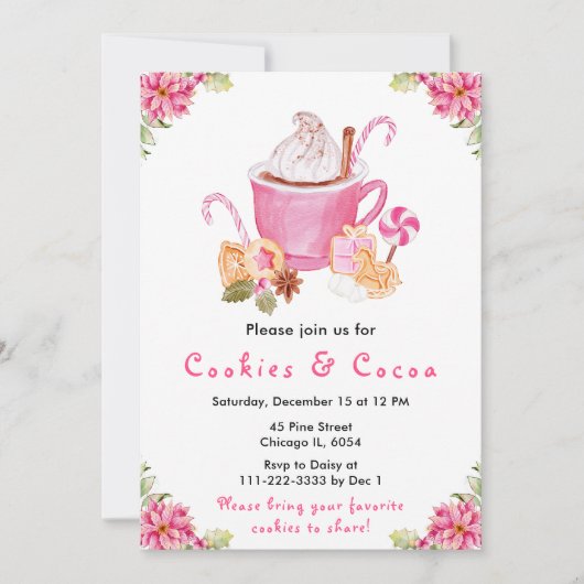 ホリデークリスマスクッキーとココアピンク 招待状 (正面)