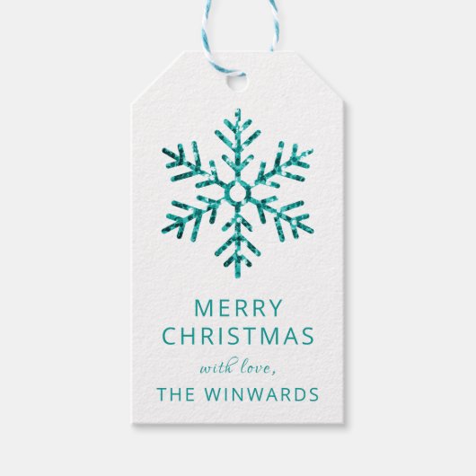 ホリデークリスマスターコイズグリッタースノーフレーク ギフトタグ (正面)