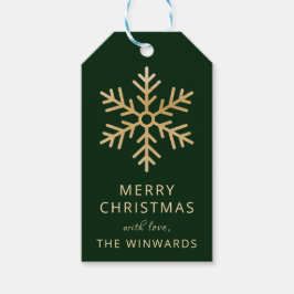 ホリデークリスマスダークグリーンと金ゴールドスノーフレーク ギフトタグ