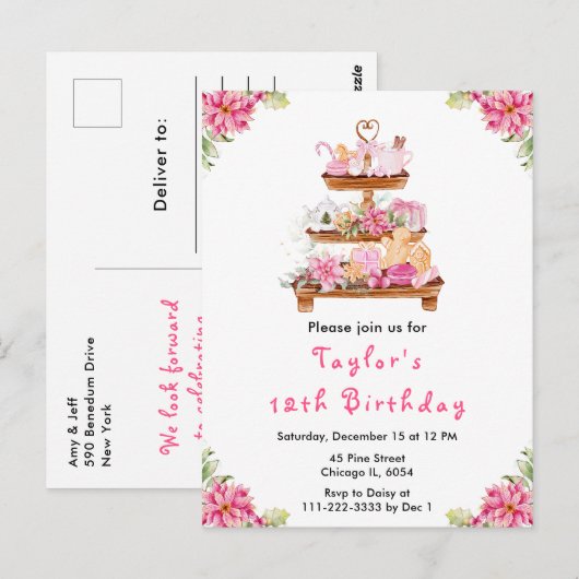 ホリデークリスマスティーバースデーパーティーピンク ポストカード (正面/裏面)