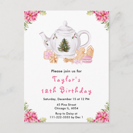 ホリデークリスマスティーバースデーパーティーピンク ポストカード (正面)