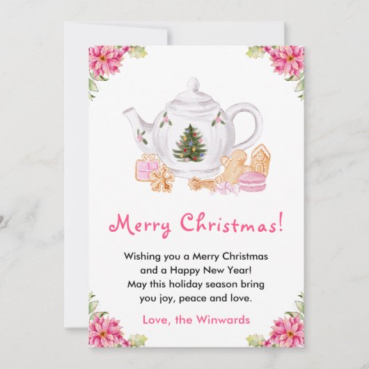ホリデークリスマスティーピンクのメリークリスマス シーズンカード (正面)