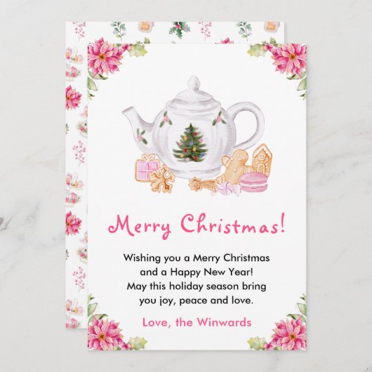ホリデークリスマスティーピンクのメリークリスマス シーズンカード (正面/裏面)