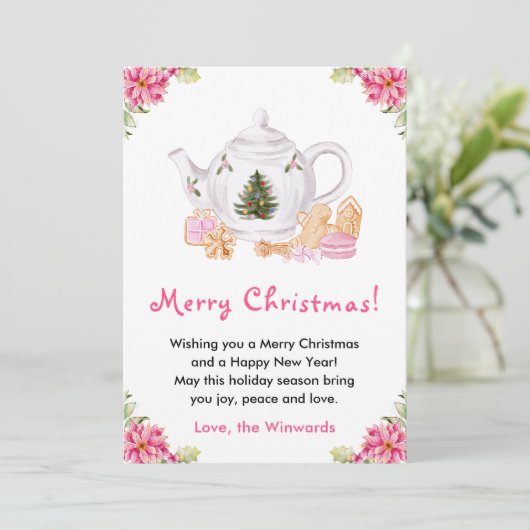 ホリデークリスマスティーピンクのメリークリスマス シーズンカード (スタンド正面)