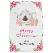 ホリデークリスマスティーピンクのメリークリスマス ミディアムペーパーバッグ (正面)