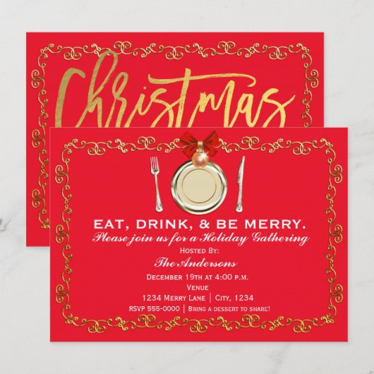 ホリデークリスマスディナーパーティー 食べ飲み楽しもう 招待状 (正面/裏面)