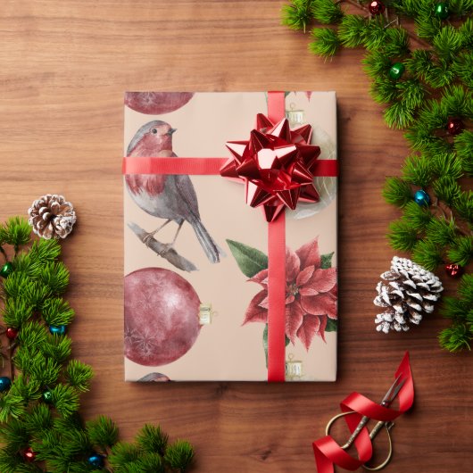 ホリデークリスマスバードポインセティアスオーナメントクリスマス ラッピングペーパー (クリスマスギフト)