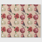ホリデークリスマスバードポインセティアスオーナメントクリスマス ラッピングペーパー (フラット)
