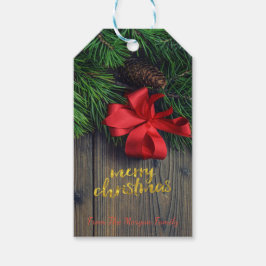 ホリデークリスマスパインツリーブランチ、レッドボウ ギフトタグ