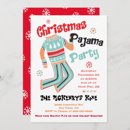 ホリデークリスマスパジャマパーティの招待状 招待状 (正面/裏面)