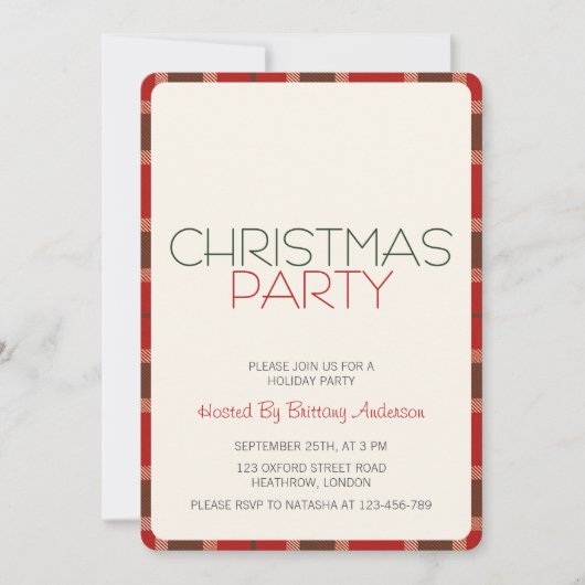 ホリデークリスマスパーティの招待状タータンチェックプレイド 招待状 (正面)