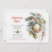 ホリデークリスマスパーティーホリーオーナメントレッド金ゴールド 招待状 (正面)