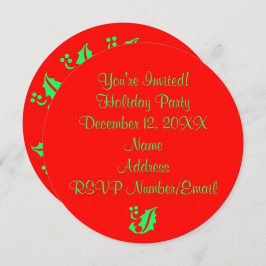 ホリデークリスマスパーティーホリーラウンドレッド4ジェーン 招待状 (正面/裏面)