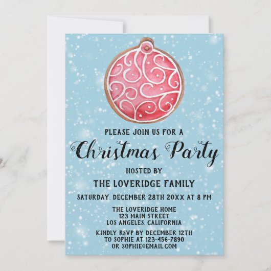 ホリデークリスマスパーティーレッドボールクッキーブルースノー 招待状 (正面)