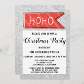 ホリデークリスマスパーティーレッド&グレーシルバーグリッター 招待状 (正面/裏面)