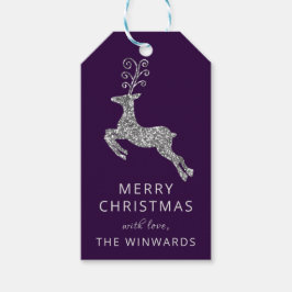 ホリデークリスマスパープル&シルバーグリッタートナカイ ギフトタグ