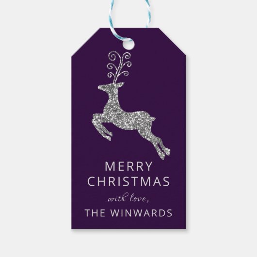 ホリデークリスマスパープル&シルバーグリッタートナカイ ギフトタグ (正面)