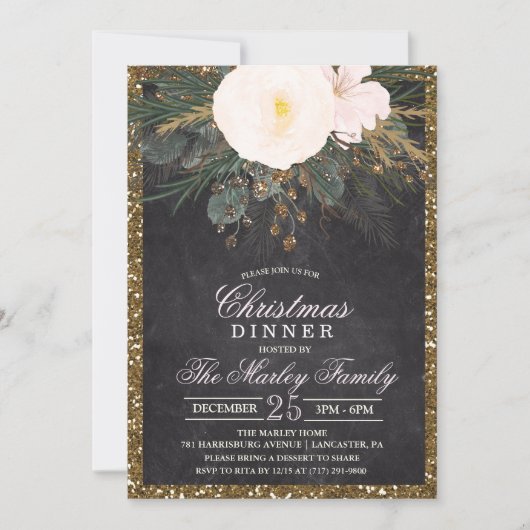 ホリデークリスマスフローラグリッター招待状 招待状 (正面)