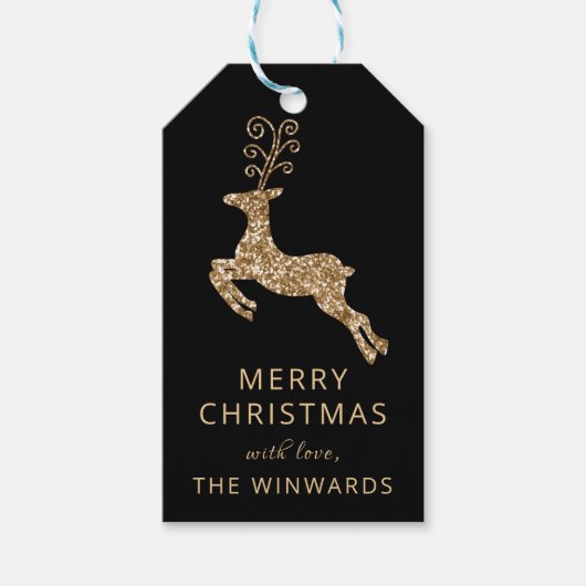 ホリデークリスマスブラック&金ゴールドグリッタートナカイ ギフトタグ (正面)