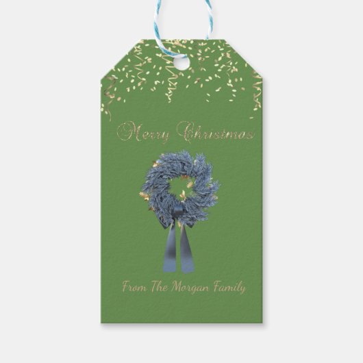 ホリデークリスマスブルーリース,紙吹雪,緑 ギフトタグ (正面)