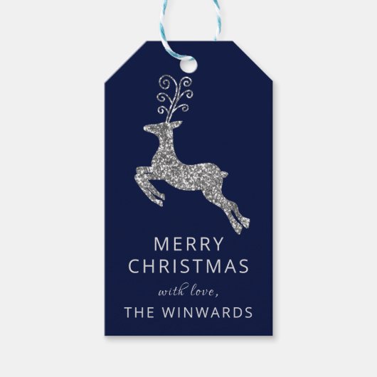 ホリデークリスマスブルー&シルバーグリッタートナカイ ギフトタグ (正面)