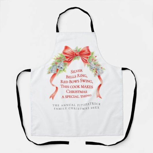 ホリデークリスマスベルと弓の水の色のカスタム エプロン (正面)