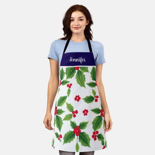 ホリデークリスマスホリーベリーのモノグラム名 エプロン (着用した状態)