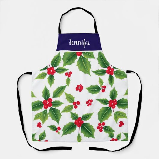 ホリデークリスマスホリーベリーのモノグラム名 エプロン (正面)