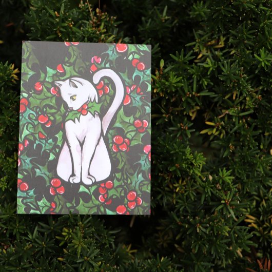 ホリデークリスマスホリーホワイトキャット ポストカード