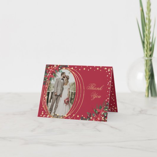 ホリデークリスマスホリー結婚フォト サンキューカード (正面)