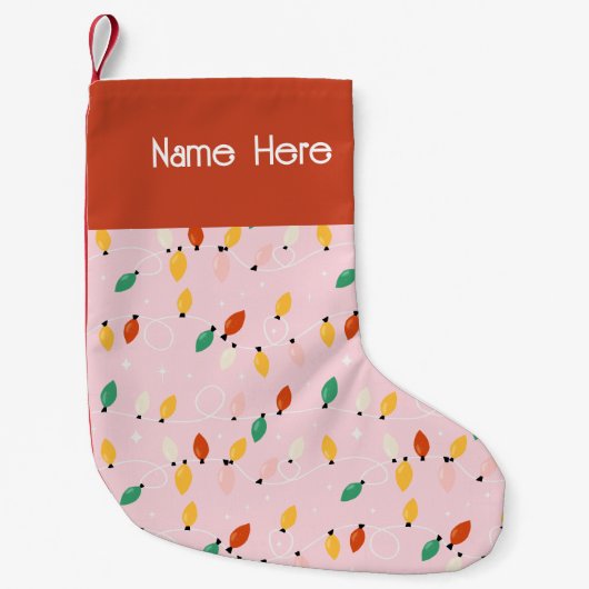 ホリデークリスマスライトミニマルレトロはっきりしたピンク スモールクリスマスストッキング (正面)