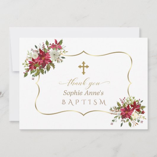 ホリデークリスマスレッドホワイトポインセチア洗礼 サンキューカード (正面)