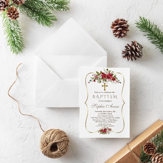 ホリデークリスマスレッドホワイトポインセチア洗礼 招待状
