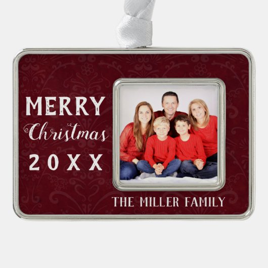 ホリデークリスマスレッドヴィンテージ記念の年の写真 シルバープレートフレームオーナメント (正面)