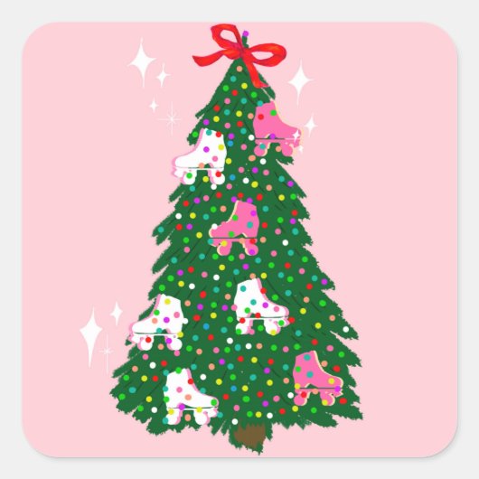 ホリデークリスマスローラースケートで滑るクリスマススケート スクエアシール (正面)