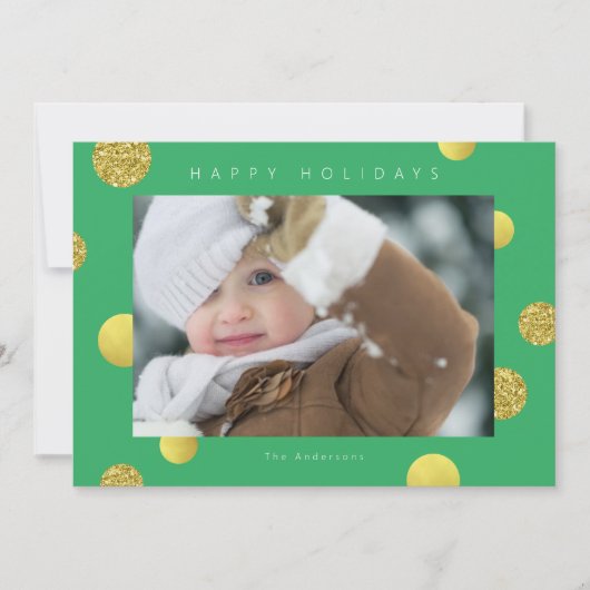 ホリデーグリッター写真カード - ゴールドドット グリーン シーズンカード (正面)