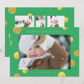 ホリデーグリッター写真カード - ゴールドドット グリーン シーズンカード (正面/裏面)