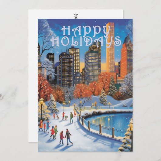 ホリデーグリーティングカードシティパークウィンタースケートで滑る シーズンカード (正面/裏面)