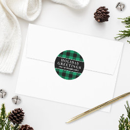 ホリデーグリーティンググリーンアンドブラックバッファロープレイド ラウンドシール