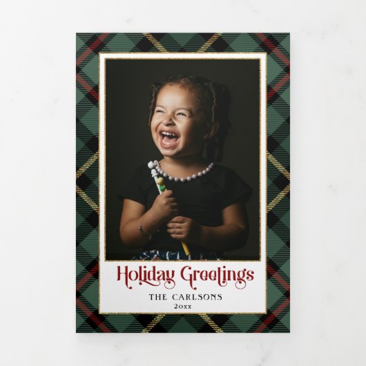 ホリデーグリーティングタイポグラフィオンプレイドマルチフォト 三つ折りクリスマスカード (カバー)