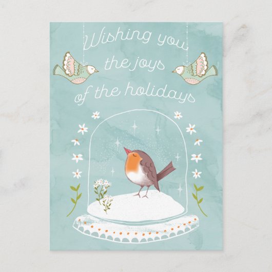 ホリデーグリーティングニューイヤーかわいい鳥の雪の球体 シーズンポストカード (正面)