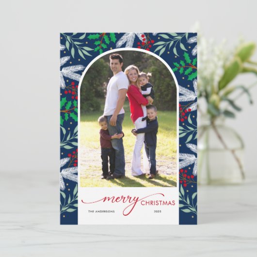 ホリデーグリーナリーアーチフォトメリークリスマスカード シーズンカード (スタンド正面)